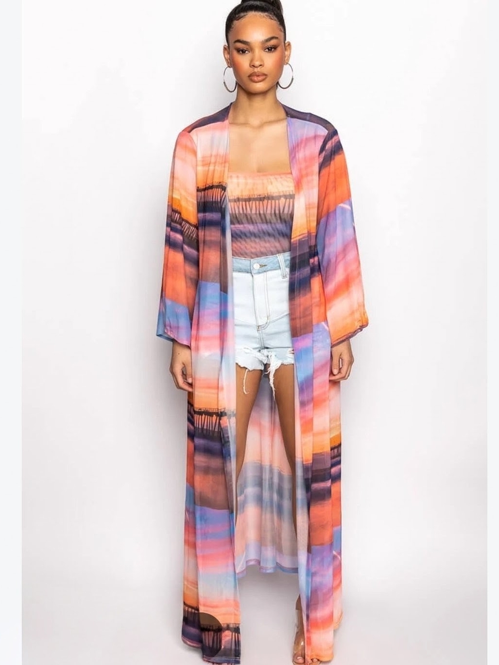 AKIRA Multi-Color Sunset Sheer Long Kimono